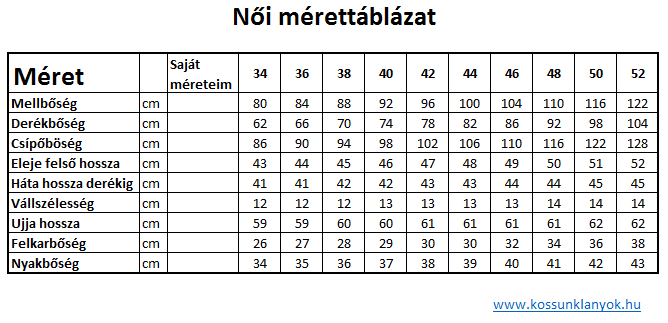 Női mérettáblázat