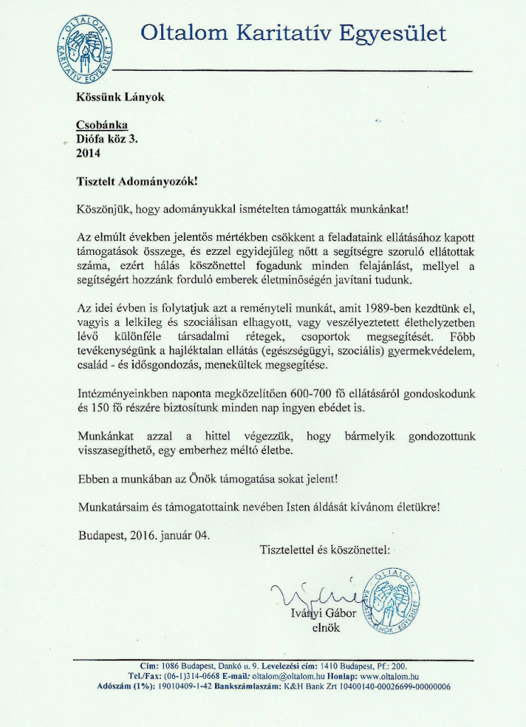 oltalom egyesület köszönő levél